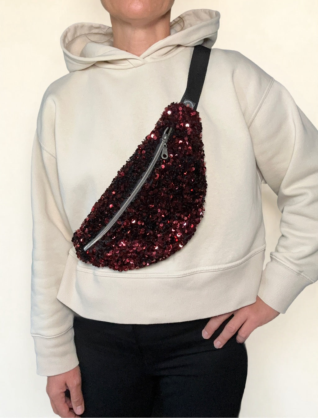 Sac banane paillettes Sequins rouge lie de vin