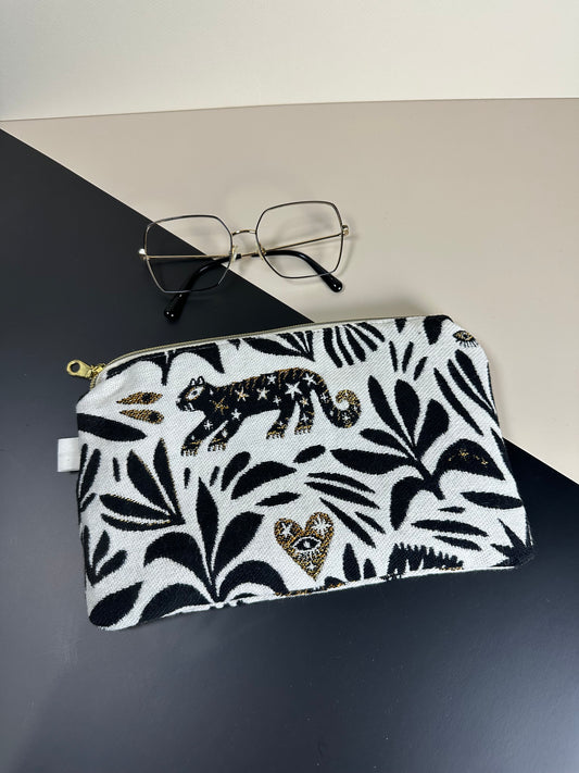 Pochette jacquard Mystic fond blanc motifs noirs et Or